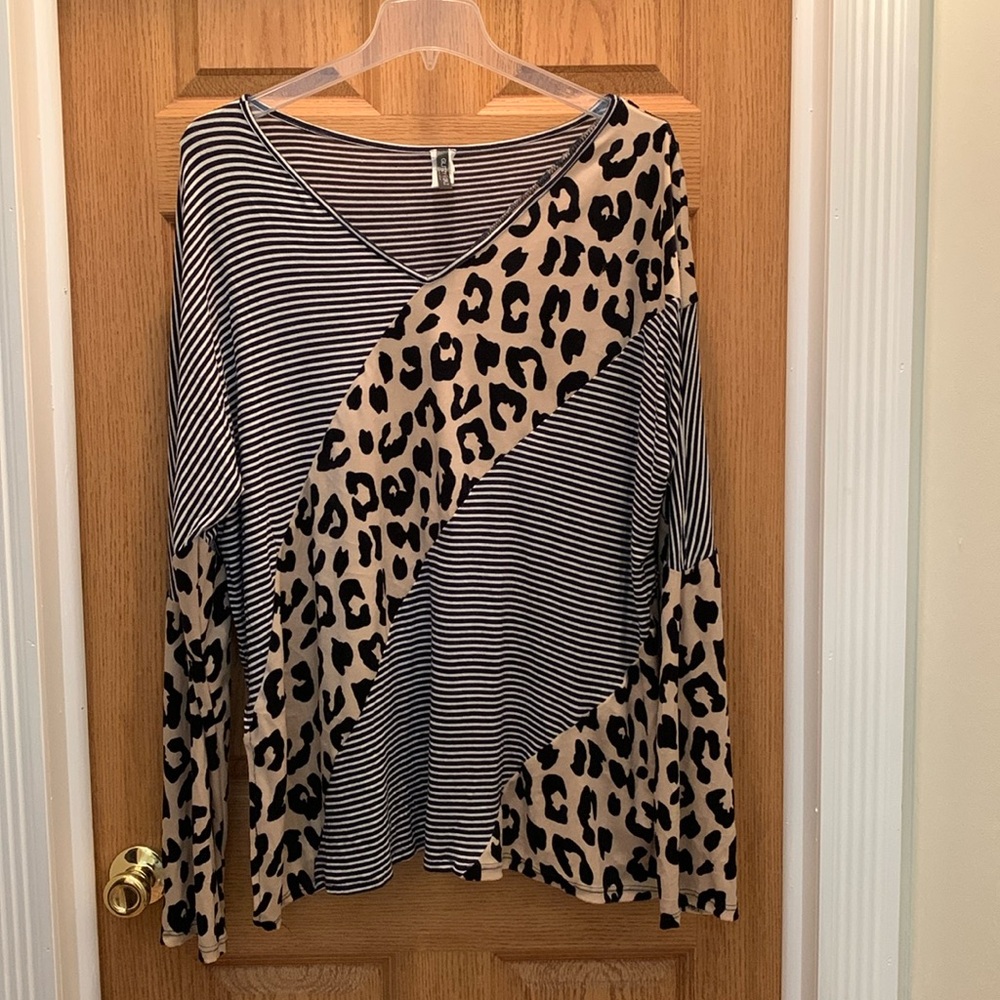 Glitzy Girlz Black & White Striped and Leopard Print Long Sleeve Shirt - Picture 1 of 9